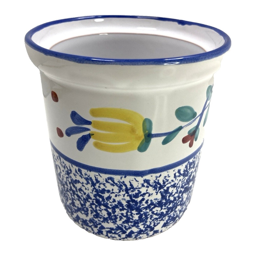 Vtg Pier One Blue Yellow Spongeware Cannister Decor Made in Italy Ceramic 4.75"